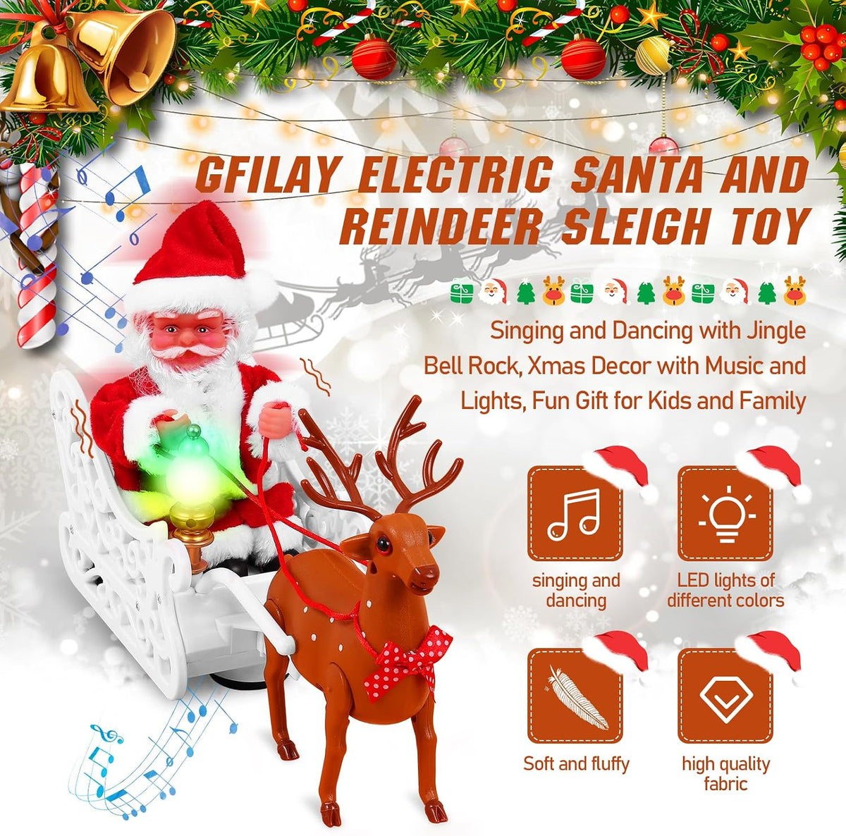Gfilay Trineo de Papá Noel Animado con Reno y Música